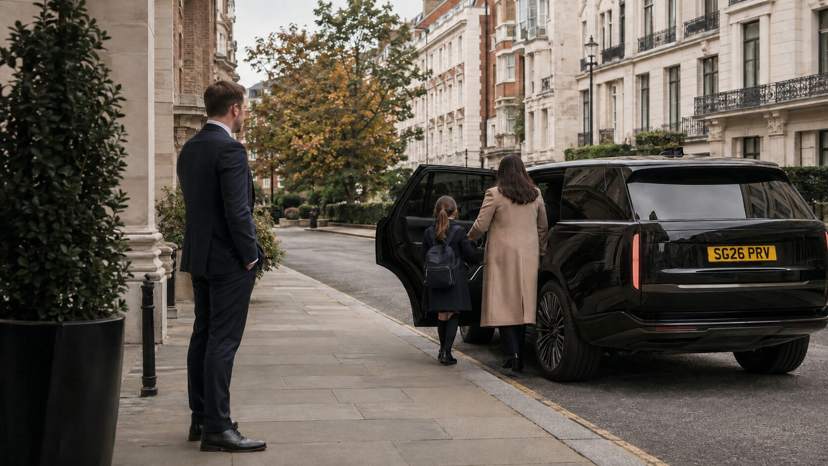 Discreet family protection supporting a private arrival beside a British Range Rover on a Kensington street