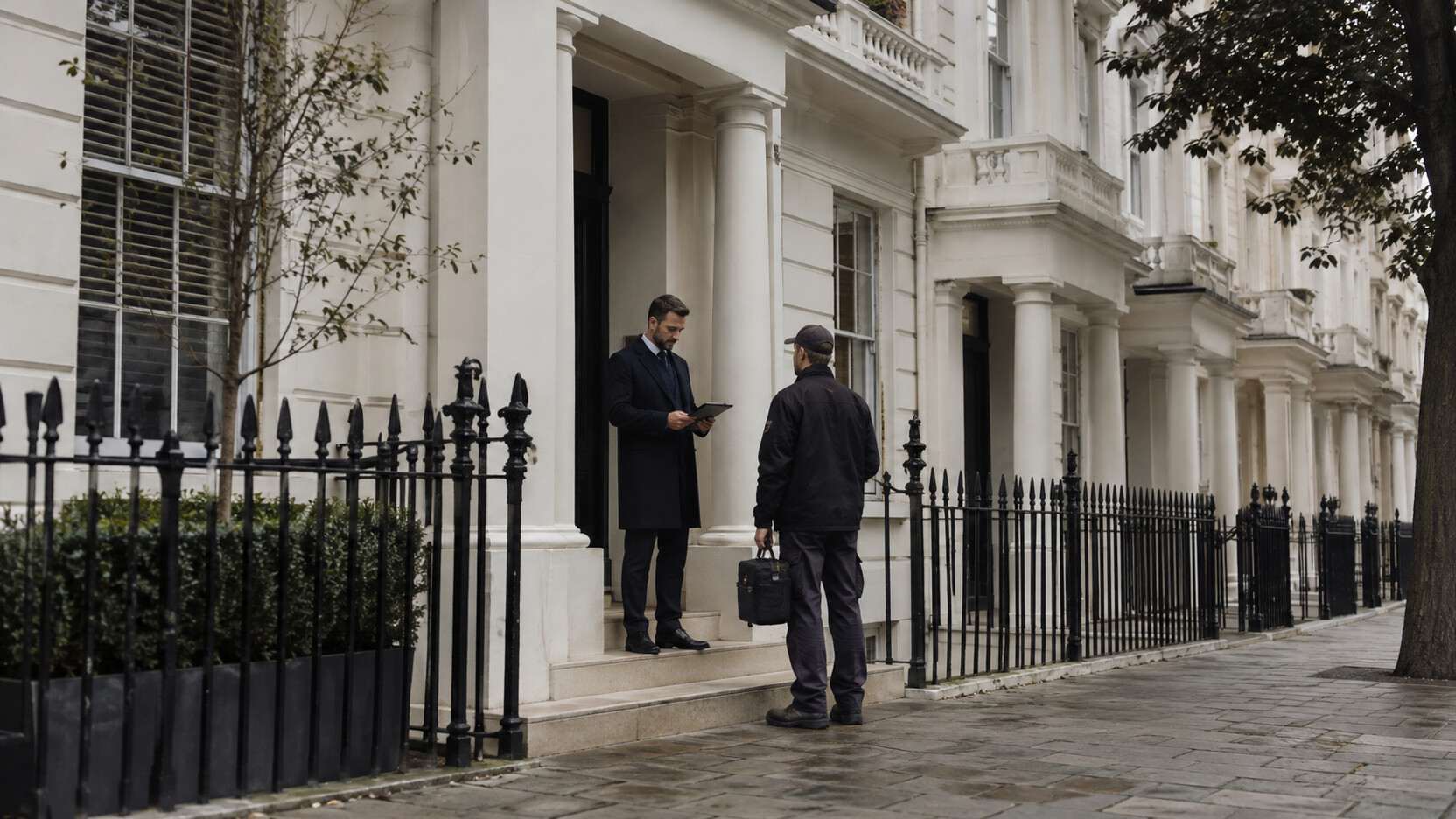 A discreet residential security professional calmly coordinating a contractor at a Kensington townhouse entrance